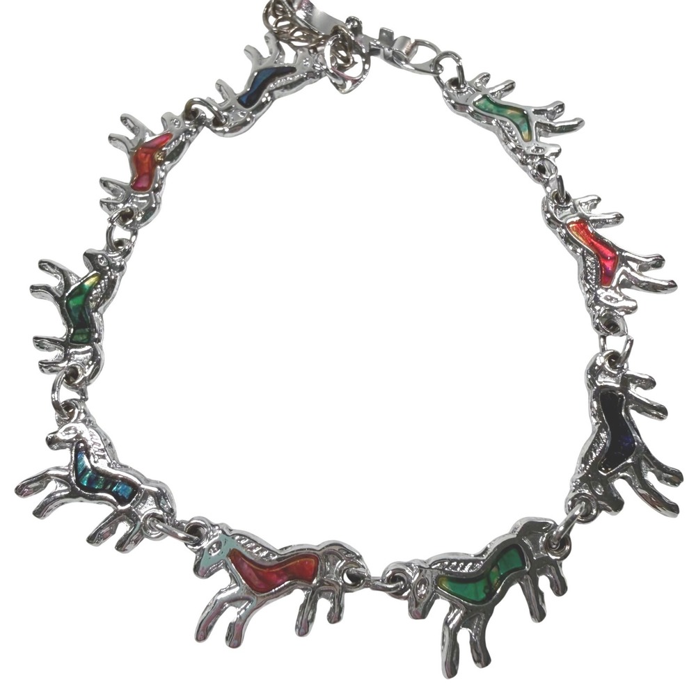 VTG Y2K Silver Tone Horse Link Bracelet Colorful Abalone Inlay Equestrian 7.25"